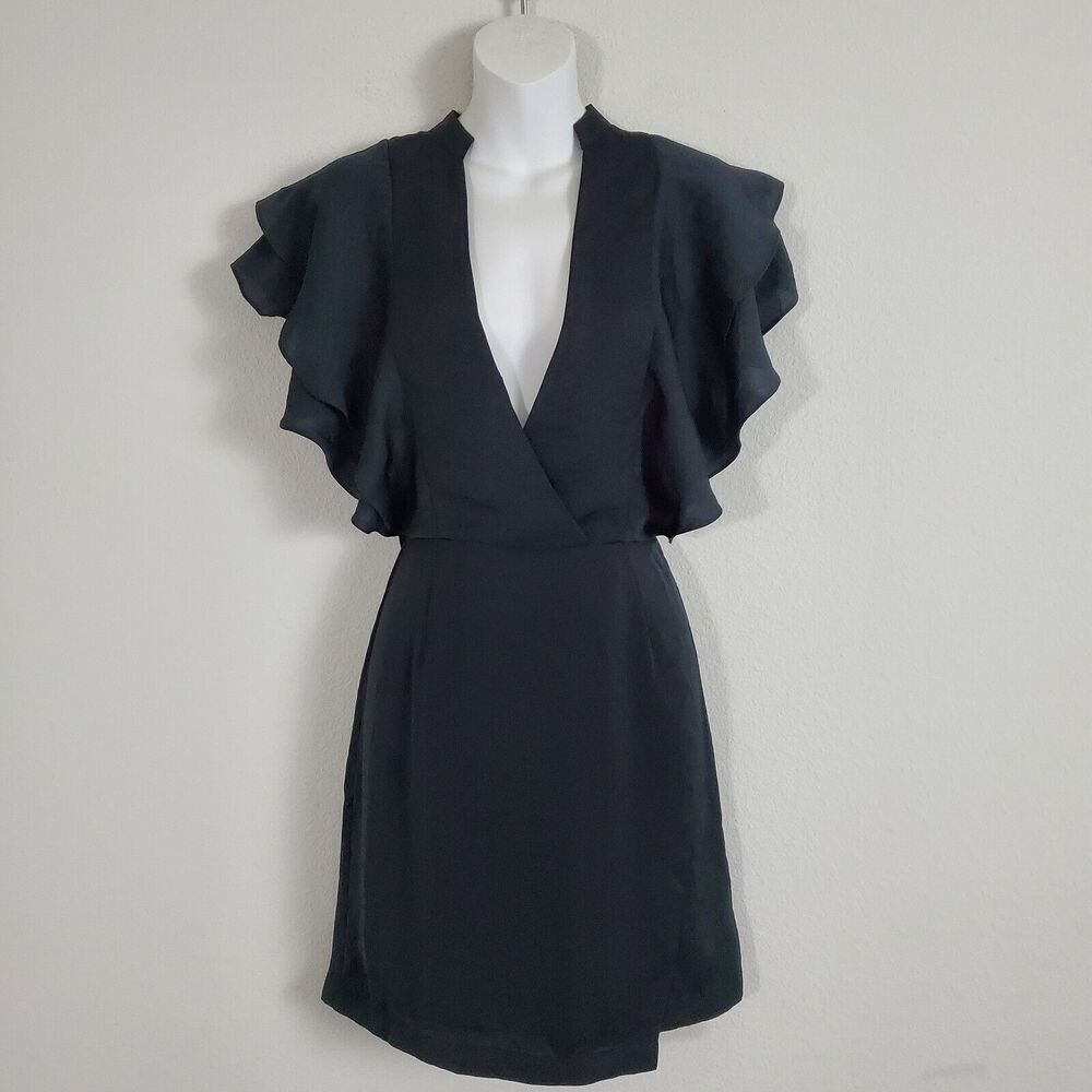 Avec Les Filles Dress Womens XS Black Ruffles Faux Wrap Mini Satin